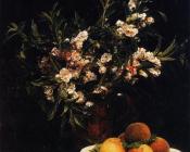 亨利方丹拉图尔 - Still Life Balsimines, Peaches and Apricots